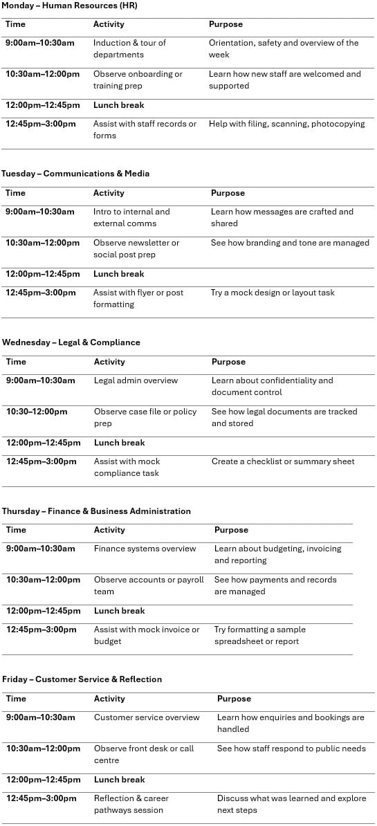 Work experience timetable