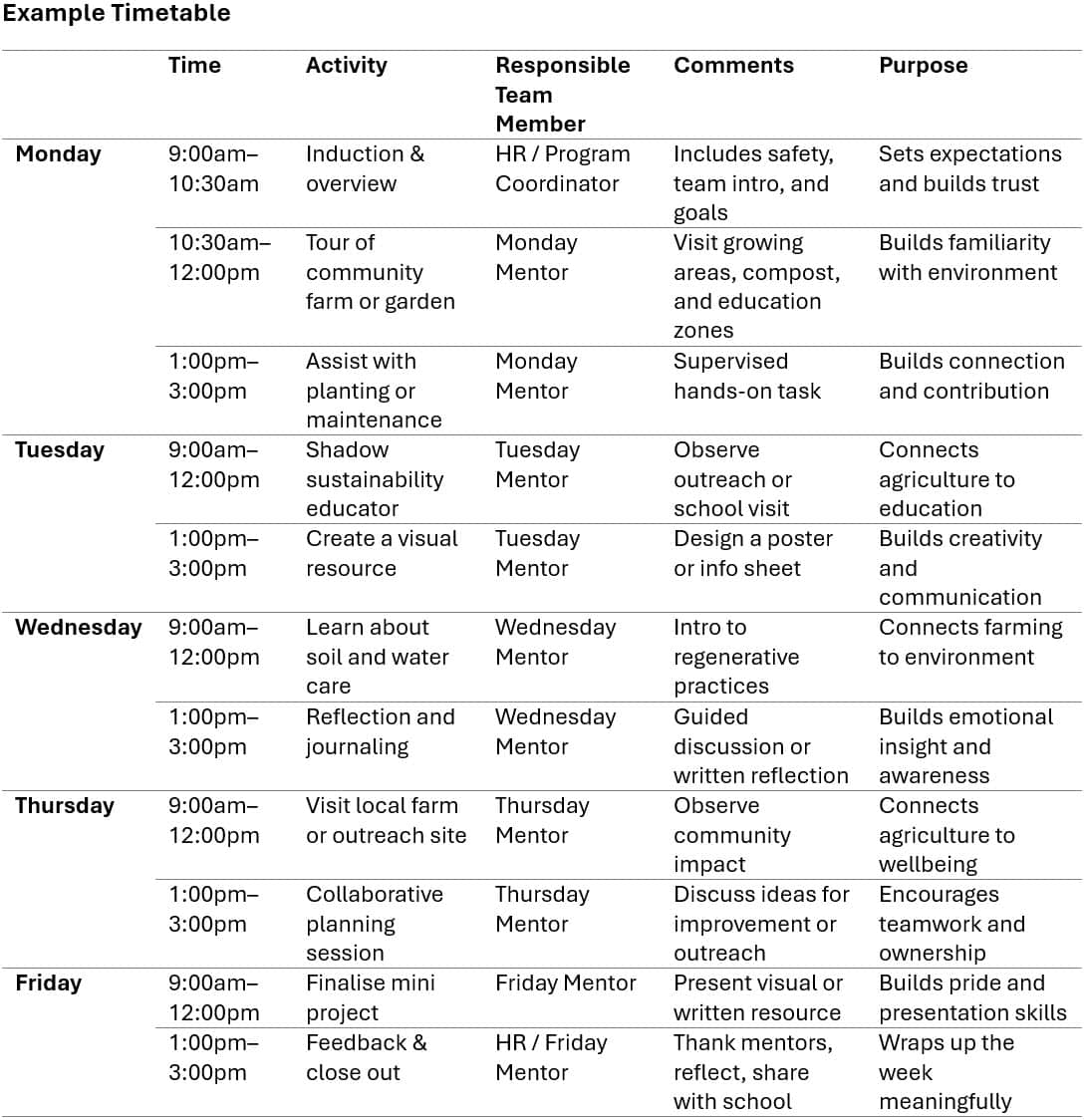 Work experience timetable